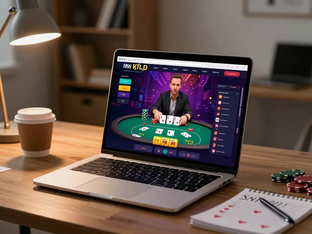 Engaging poker gameplay on TRANG CHỦ 8KBET displayed on a laptop in a cozy home setting