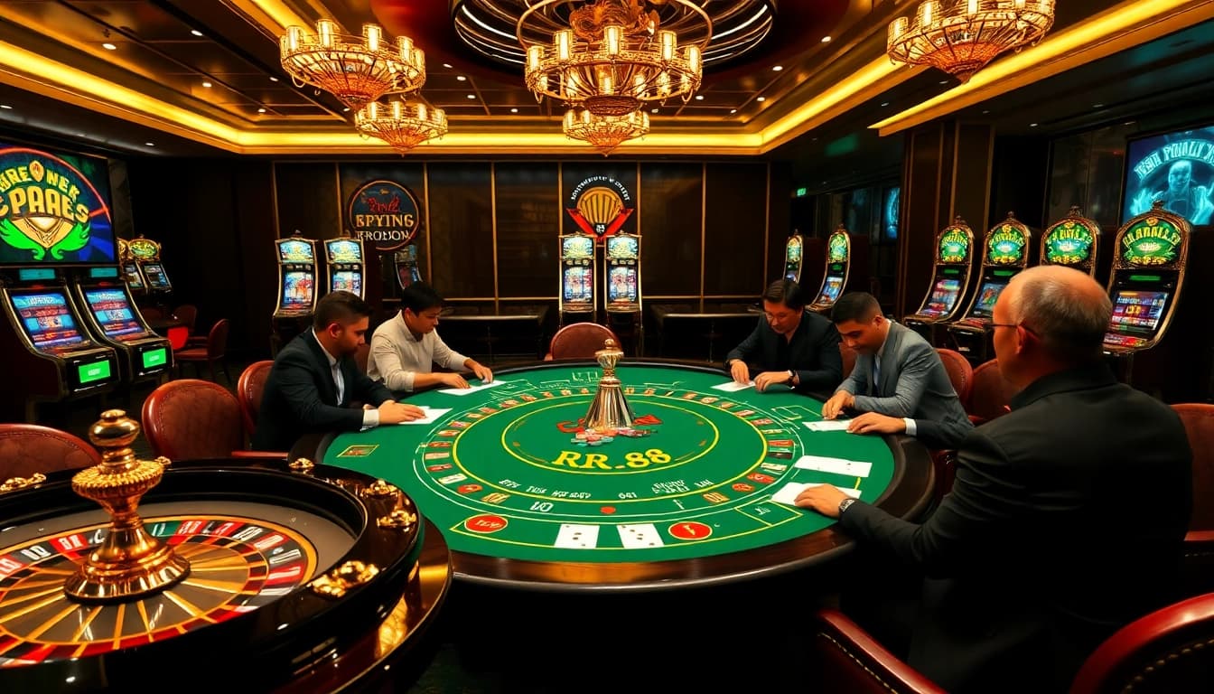 Engaged players at RR 88 poker table showcasing high-stakes excitement in a casino setting.