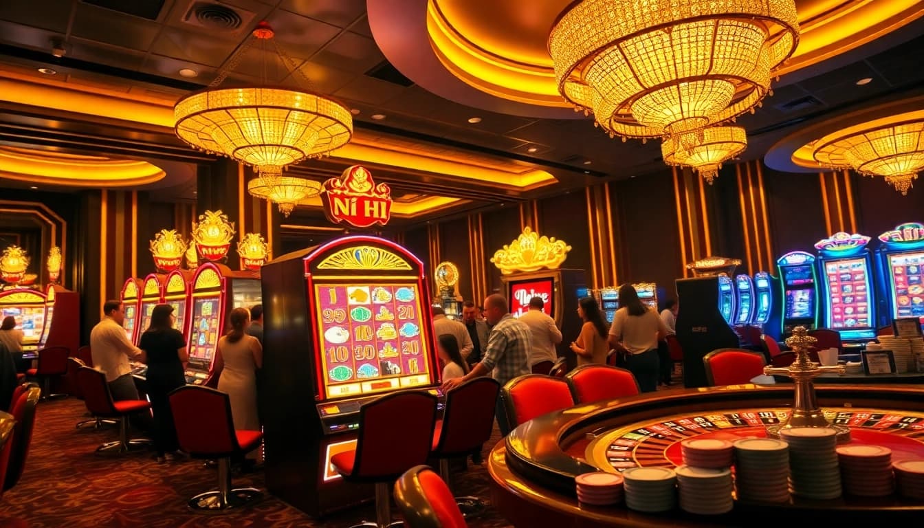 Exciting scene of players engaging at a nổ hũ slot machine in a lively casino environment.
