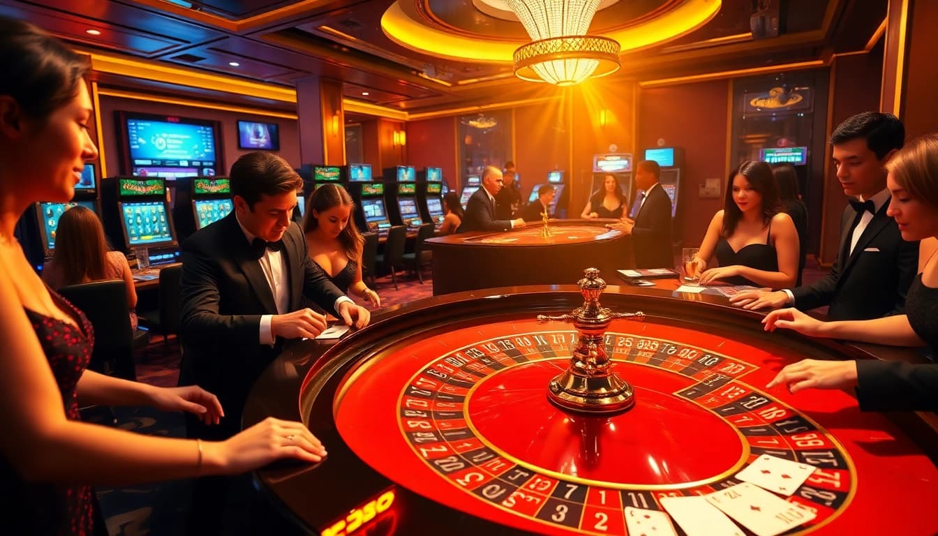 Players excitedly bet at the rr88 roulette table, showcasing vibrant casino elements.