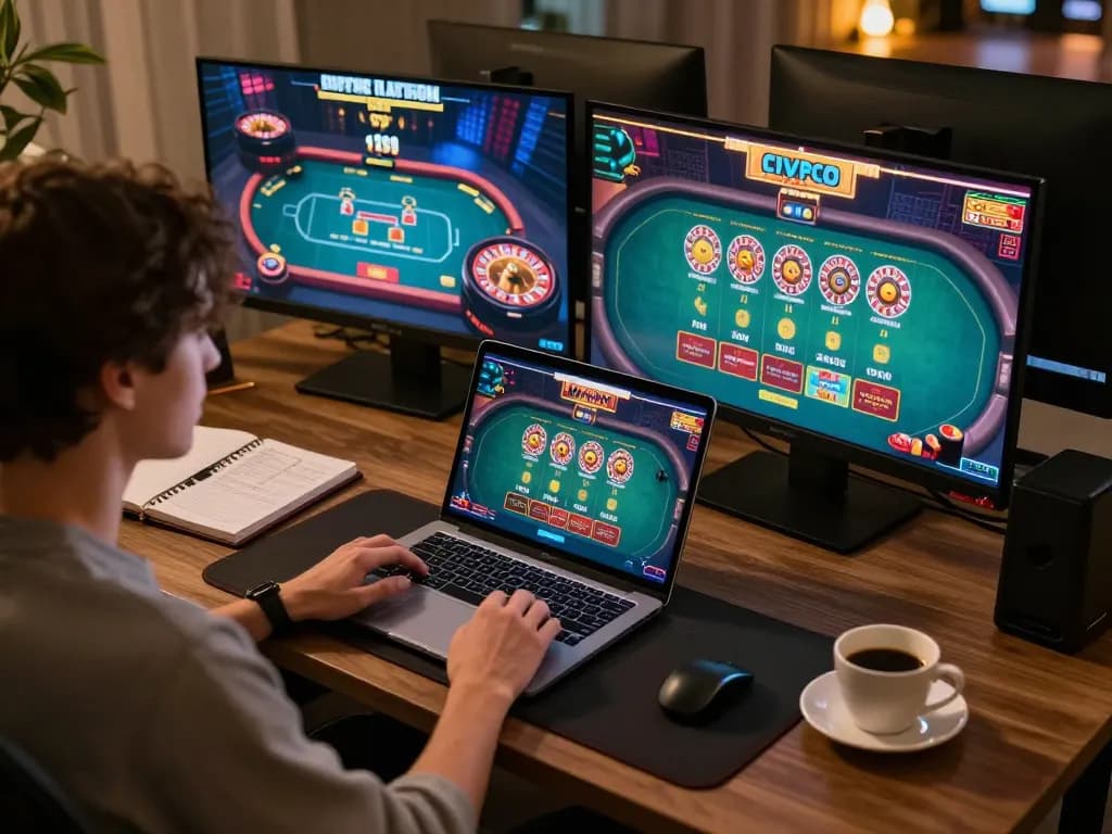 Player enjoying SC88 online casino games on laptop, vibrant card tables visible.