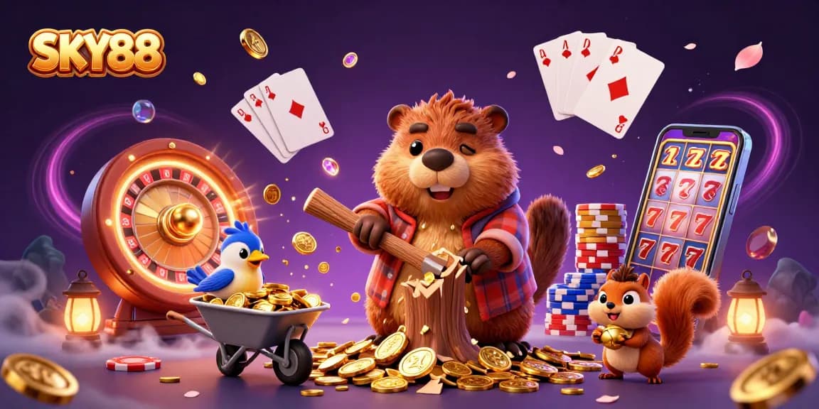 Experience exciting casino action with SKY88 featuring a beaver in a vibrant scene filled with coins and games.