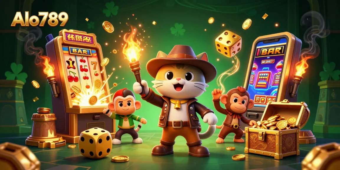 Alo789 showcases a vibrant casino scene with an archaeologist cat and monkey companion discovering golden artifacts.