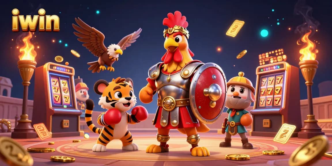 Spin to win at iwin with an energetic scene featuring a gladiator rooster and slot machines.