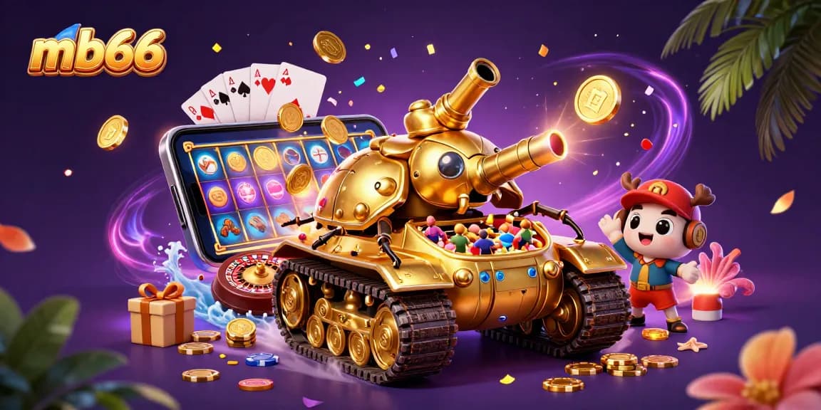 mb66 showcases a lively casino scene with a golden beetle tank and exciting gaming elements.