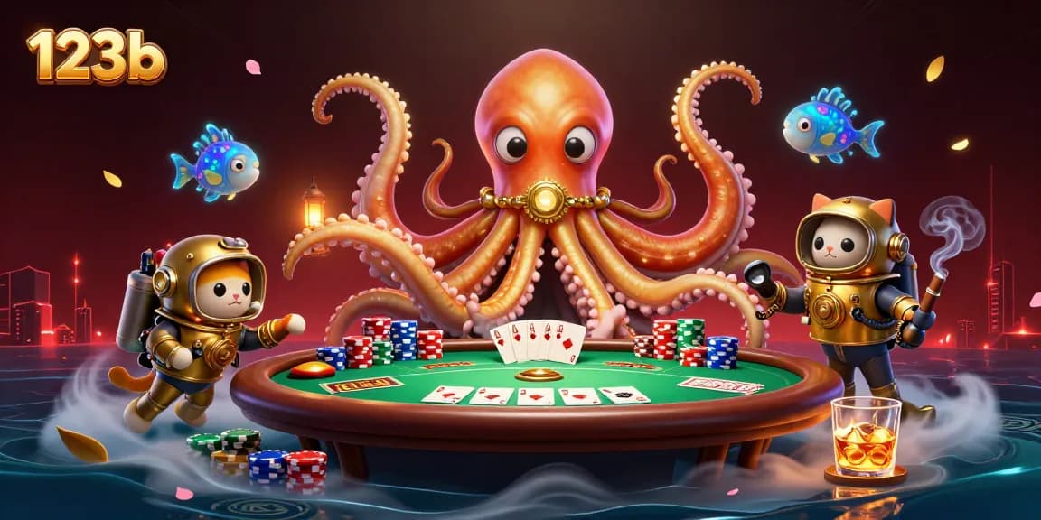 Experience thrilling gaming at 123b with a colossal kraken surrounded by poker elements in a dynamic scene.