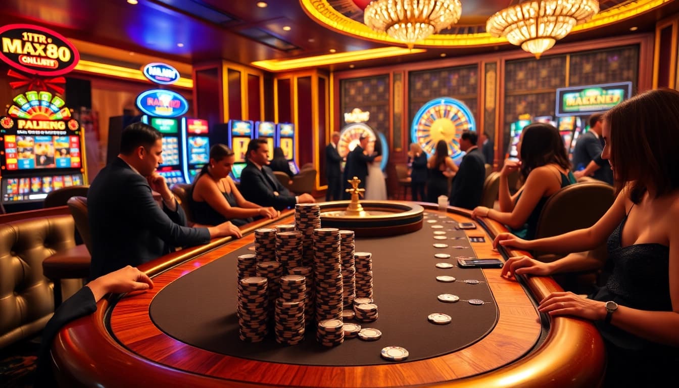 Players enjoying high-stakes games at MAX88 casino, showcasing excitement and luxury in a vibrant atmosphere.