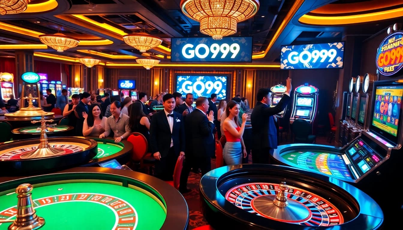 Captivating casino scene showcasing GO99, with slot machines and excited players.