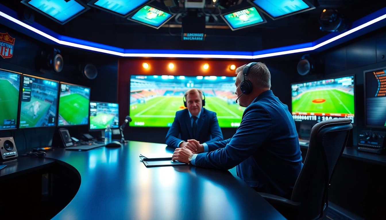 Engaging scene of sports broadcasting featuring a commentator in a high-tech studio.