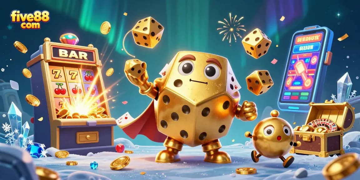 Engage with five88 com's golden dice character amidst a festive casino atmosphere.