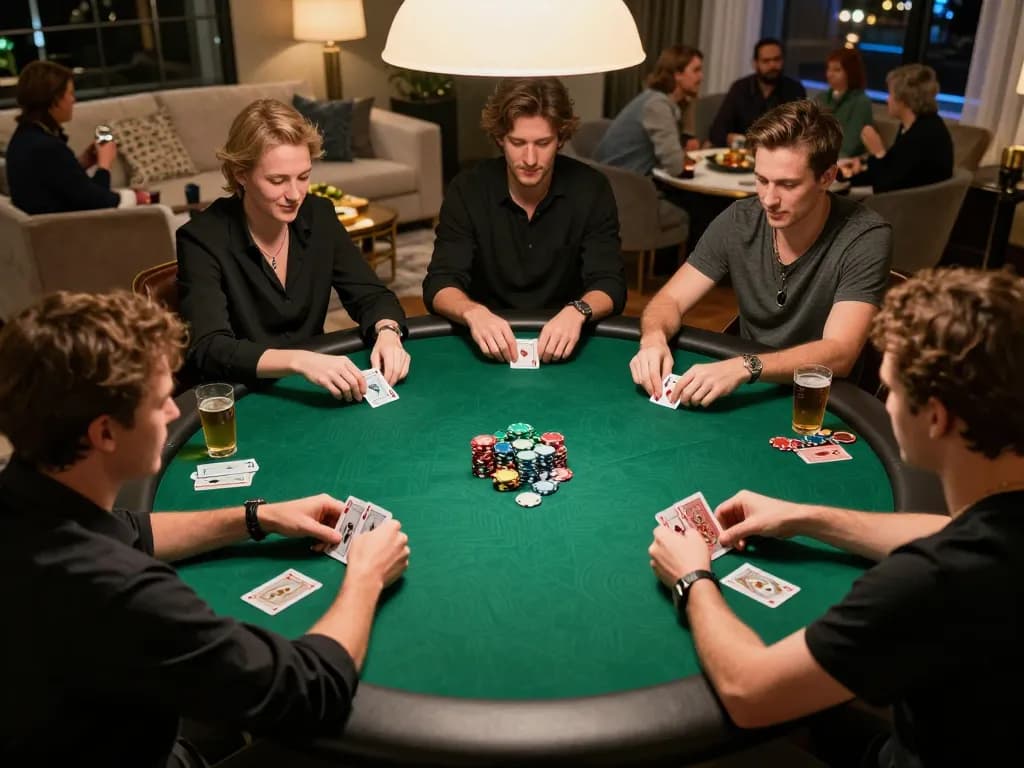 Players strategizing during a poker game at home, showcasing sunwin chips and cards.