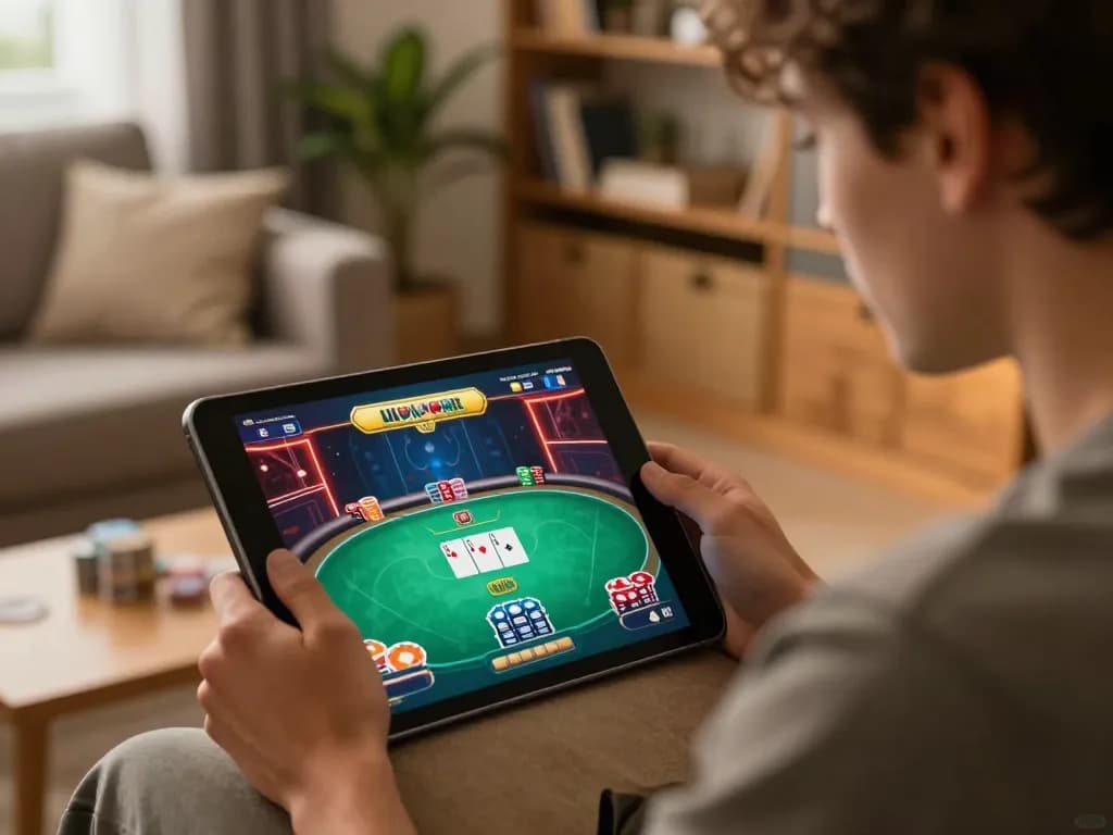 Player immersed in online poker game at home, showcasing 789BET's engaging gaming interface.