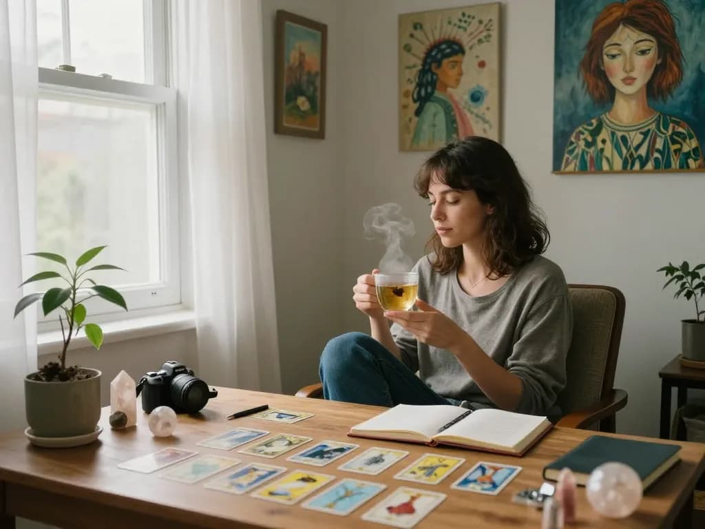 Why can’t I stop thinking about someone? Woman reflecting in a tranquil home office, surrounded by tarot cards and crystals.