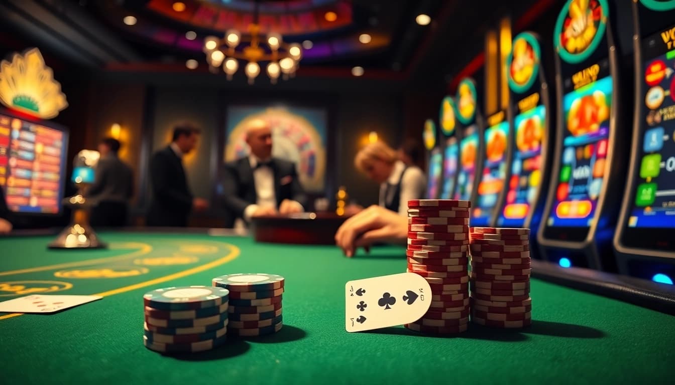 Experience high-stakes action at UK88 casino with chips, cards, and a roulette wheel.