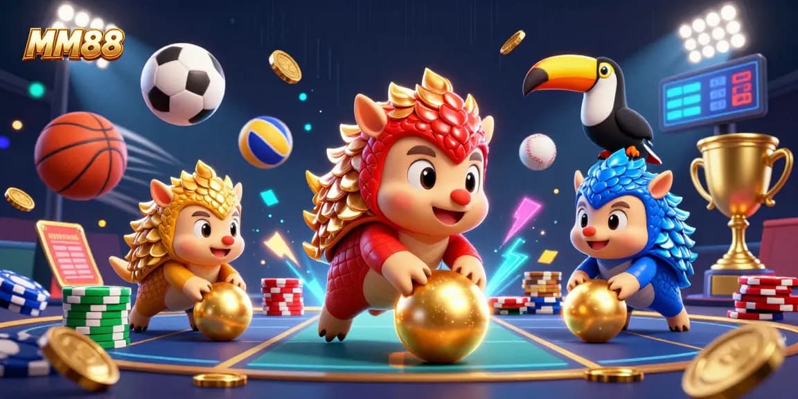 Engaging MM88 casino scene with playful pangolins and dynamic sports elements.