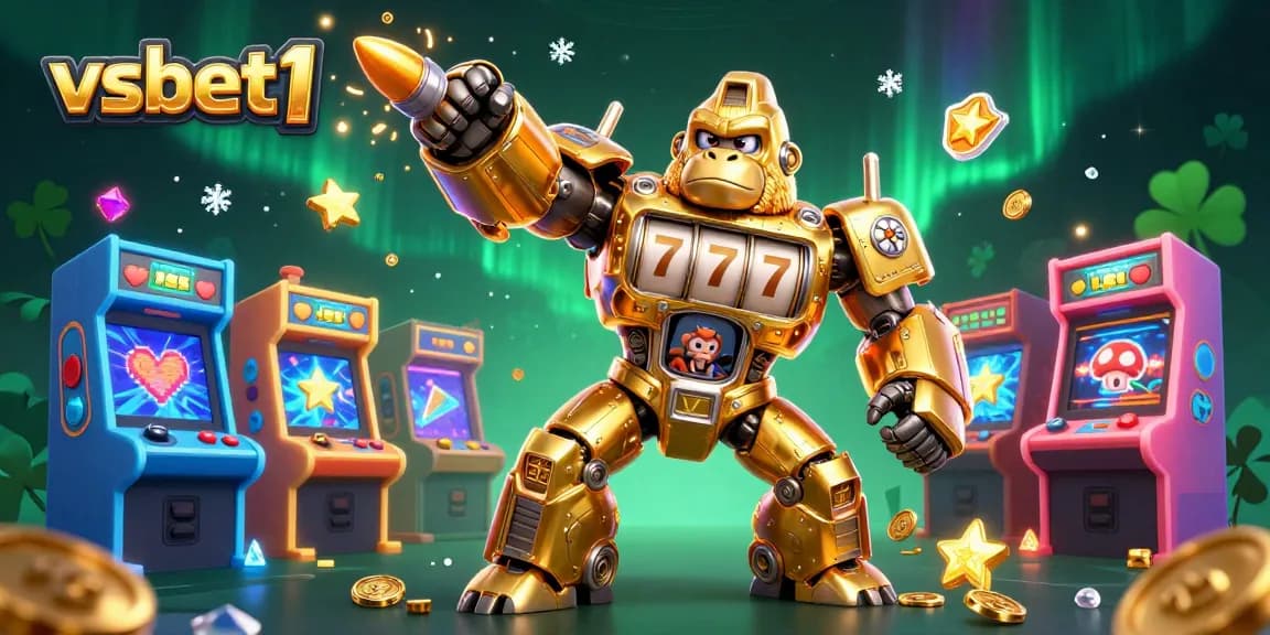 Engage with vsbet1's thrilling gaming experience featuring a golden gorilla mech surrounded by vibrant arcade elements.