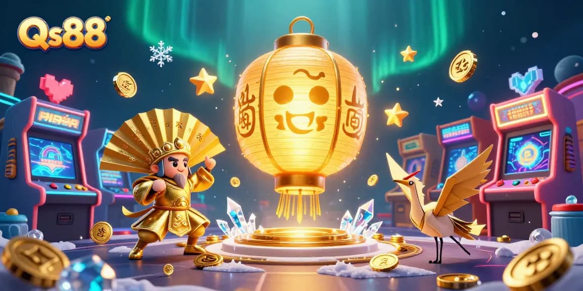 Experience winning moments with Qs88's vibrant online casino gaming scene featuring golden spirits and dynamic arcade elements.