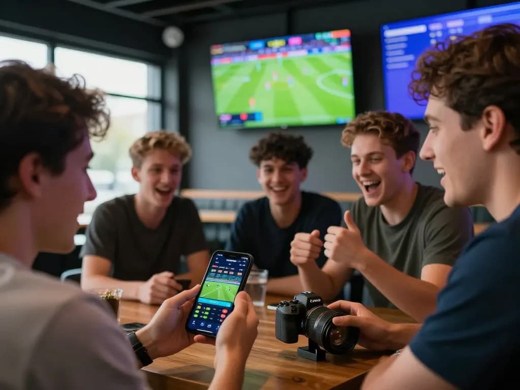 Engaging group of friends placing live sports bets on mm88 app, showcasing excitement and dynamic atmosphere.