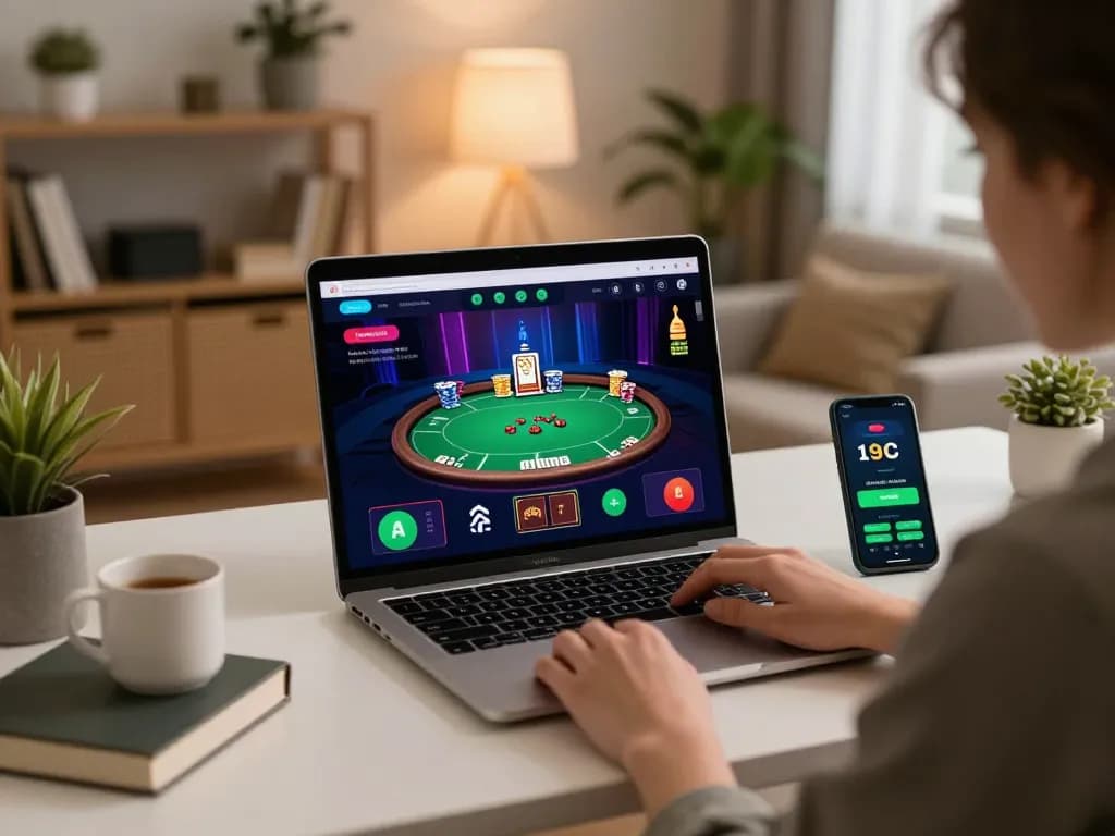Engage with vu88 online poker game at stylish home setup, player focusing on laptop.
