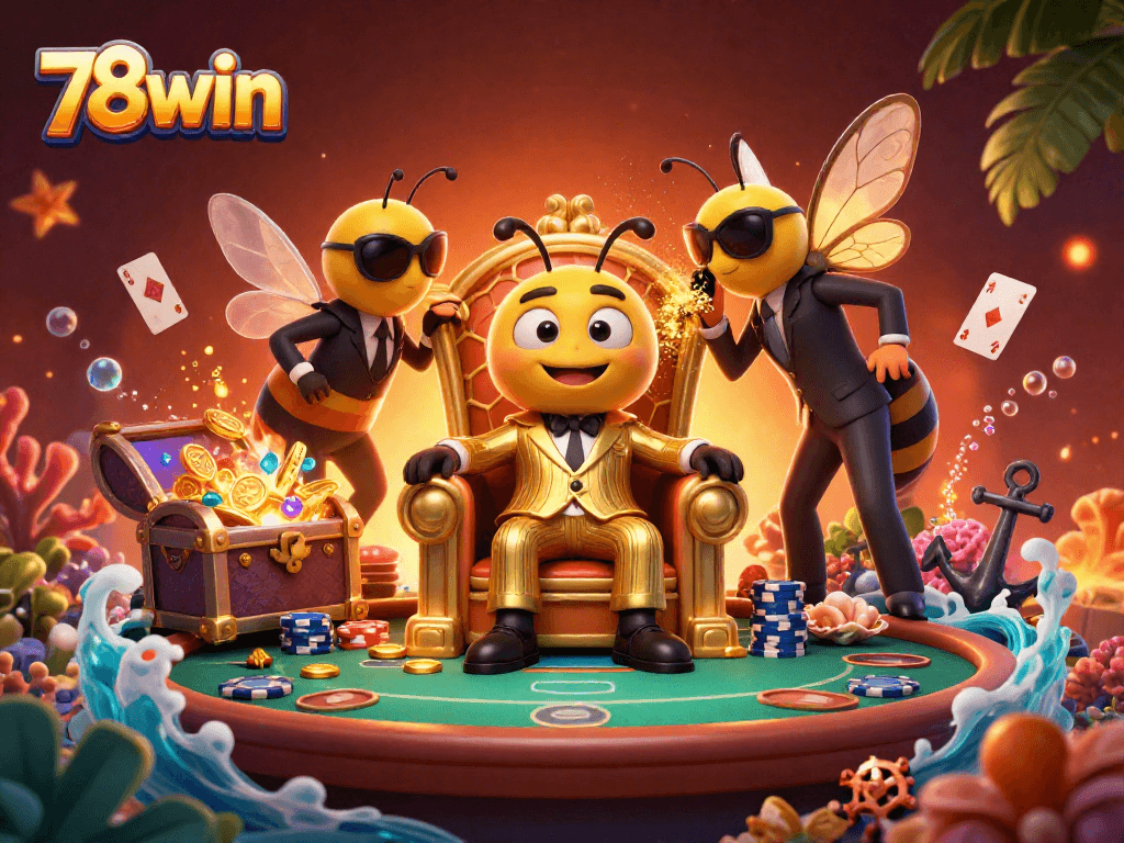 Experience thrilling poker nights with 78win's colorful, vibrant casino illustration packed with gold and excitement.