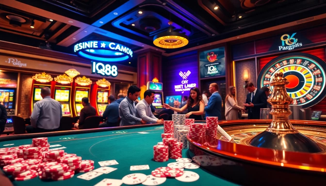 Experience the thrill of IQ88 gaming with vibrant casino visuals featuring poker tables and slot machines.