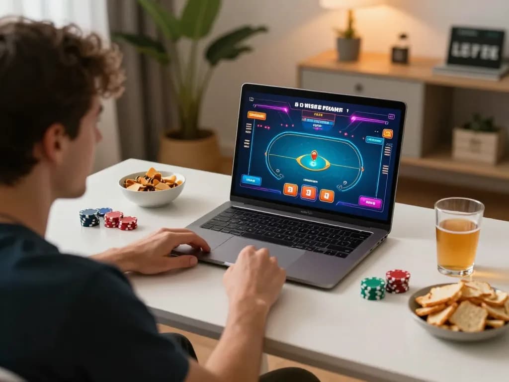 Engaging scene of a player enjoying cm88 online poker at home with a vibrant interface on the laptop.