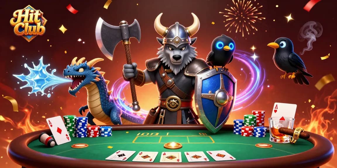 Experience the excitement of Hit Club with a vibrant 3D illustration of characters at a poker table.