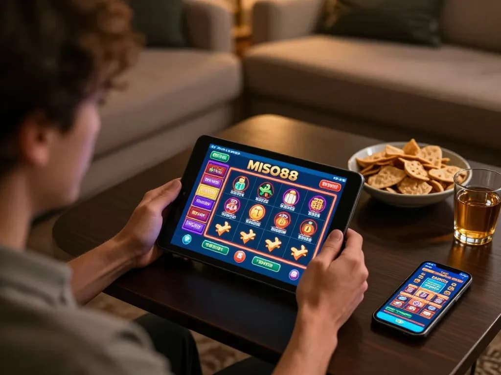 MISO88 app showcasing vibrant casino games on tablet during home gaming session, illustrating the excitement of online gambling.