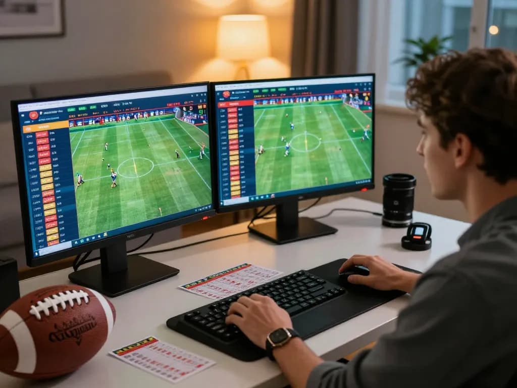 Engaging moment at SIN88 with a player analyzing live sports odds on multiple screens for strategic betting decisions