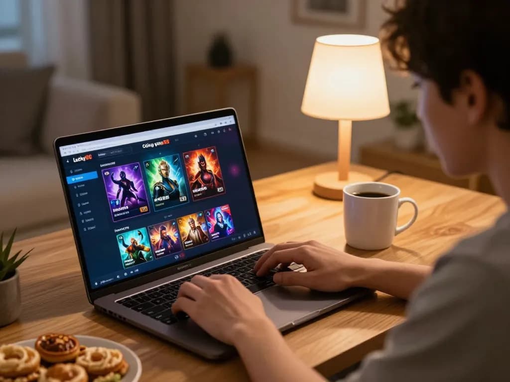 Cổng game Lucky88 displayed on a laptop during a cozy online gaming session at home