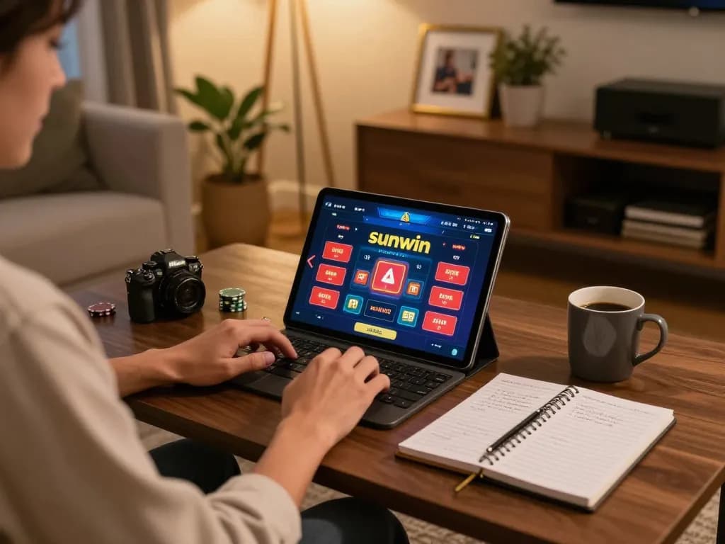 Engaging with the sunwin online gaming interface on a tablet in a cozy home setting.