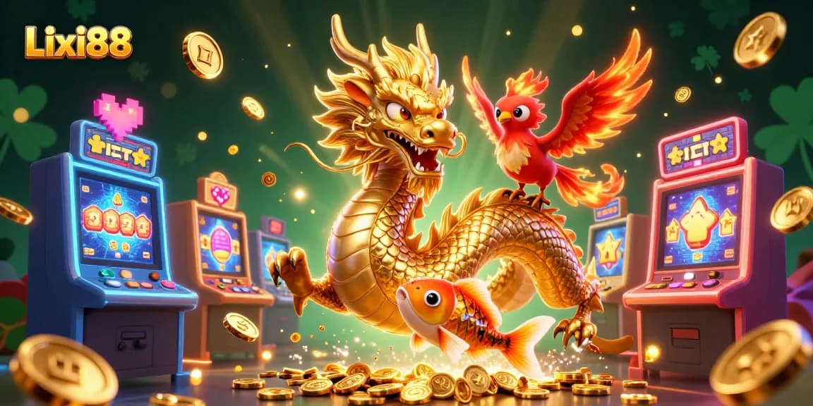 Lixi88 casino features a dragon, phoenix, and koi fish amidst 3D slot machines and coins.