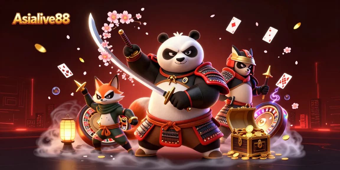 Engage with live dealer excitement at Asialive88 as a samurai panda wields a katana amidst casino action.