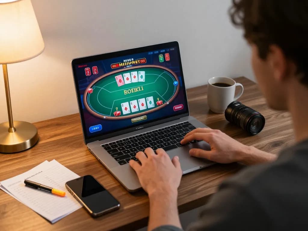 Winwin online casino player strategizing while enjoying poker game on a laptop at home.