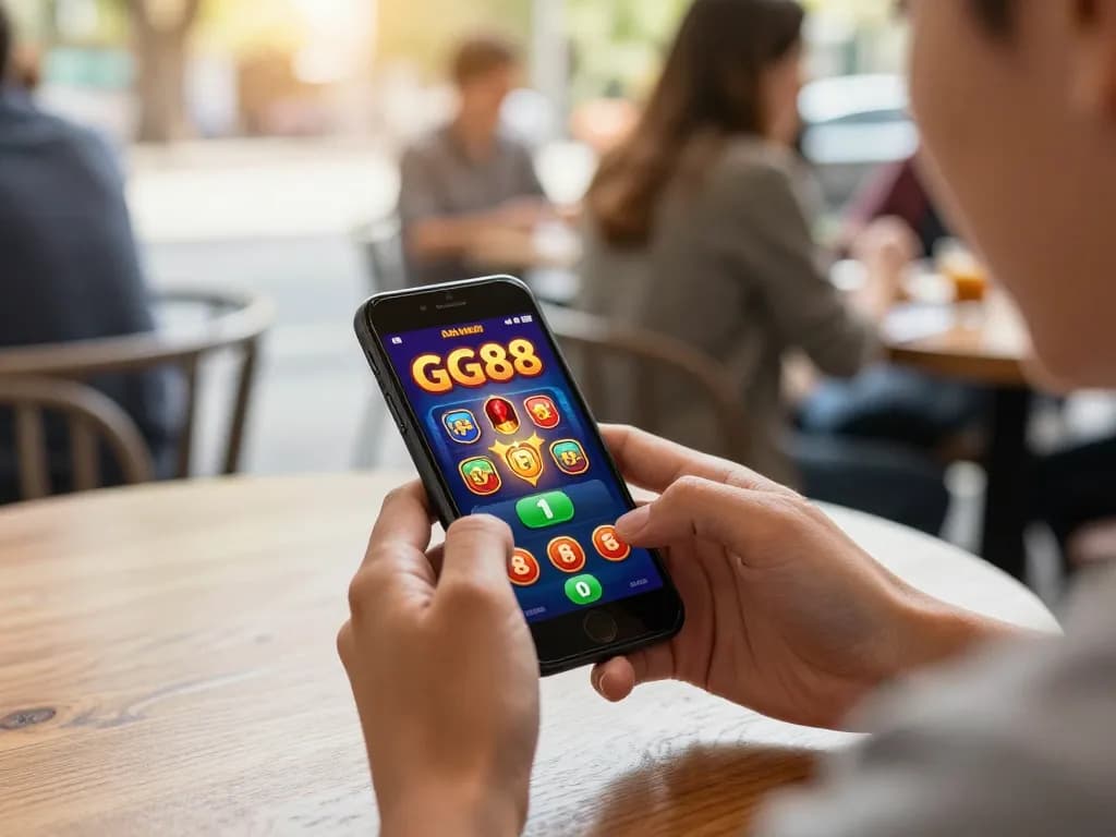Player engaging with the GG88 app to enjoy online casino games while enjoying a cafe atmosphere.