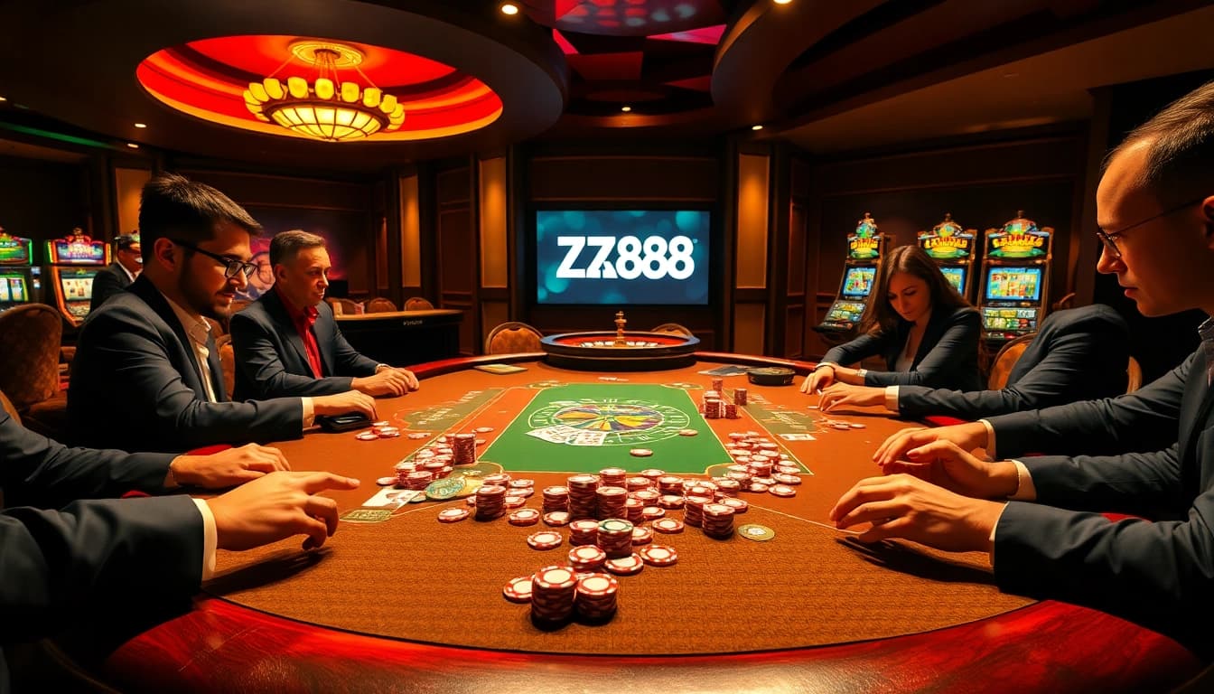 Players competing at a high-stakes table and enjoying their ZX88 gaming experience in a lavish casino.