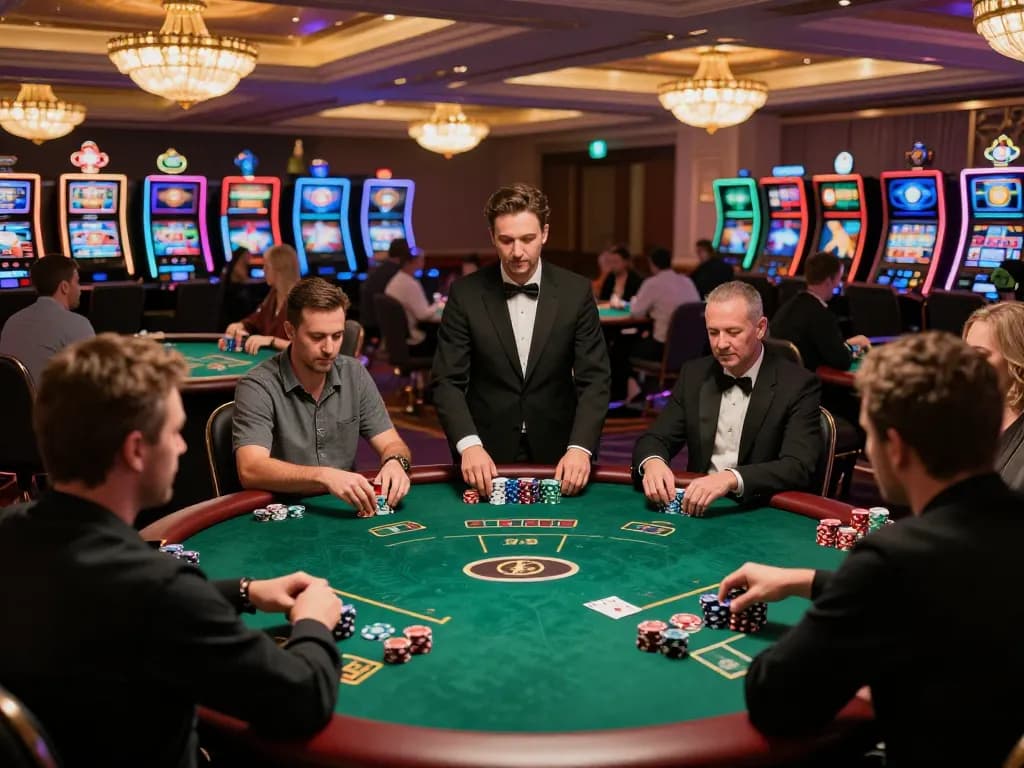 Players engage in strategic poker at the qq88 casino floor, showcasing vibrant atmosphere and high-stakes action.