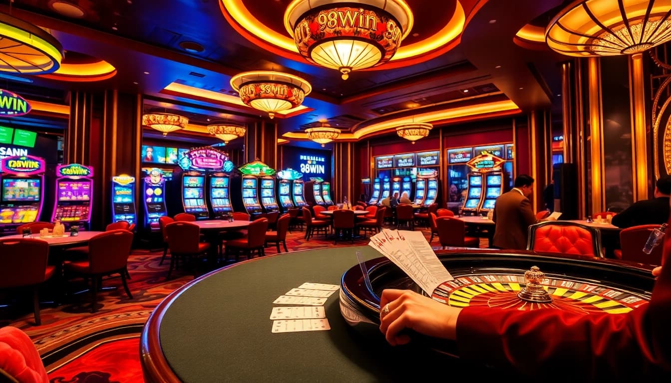 98win casino scene with exciting players at poker tables, vibrant slot machines, and roulette wheel.