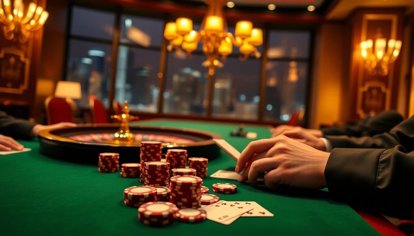 Experience luxury gambling at https://vin88ac.com/ with a vibrant poker table and engaging roulette wheel.