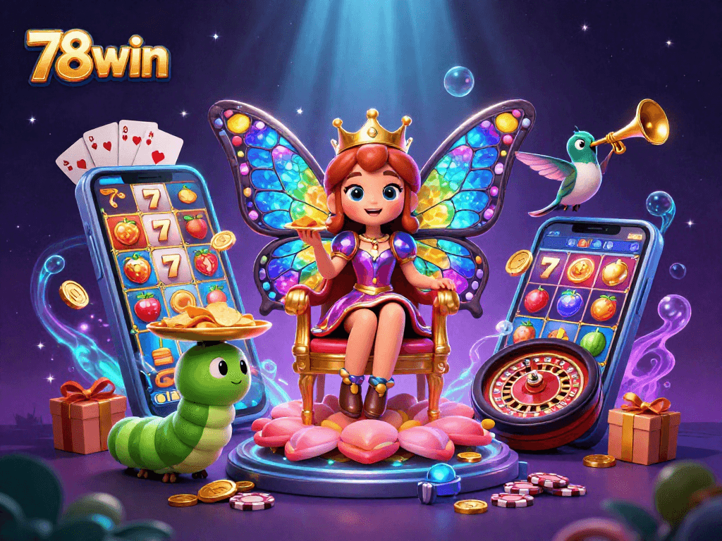 Experience the excitement of 78win with a vibrant 3D scene showcasing a butterfly queen and slots elements.