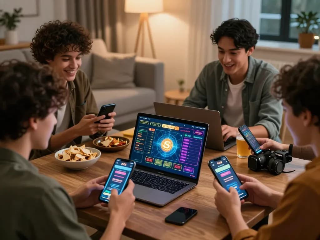 Exciting gambling experience with friends engaging in SC88 activities on a laptop and mobile devices in a cozy living room.