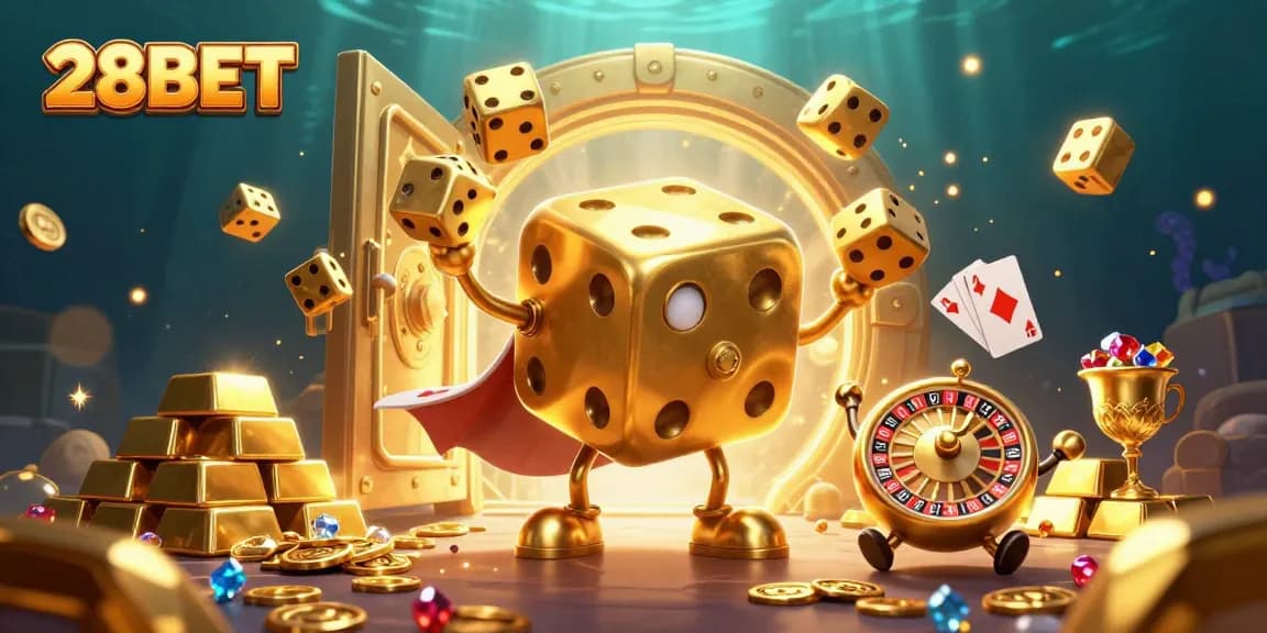 28BET players experience thrilling moments with golden dice and treasures in this vibrant 3D scene.