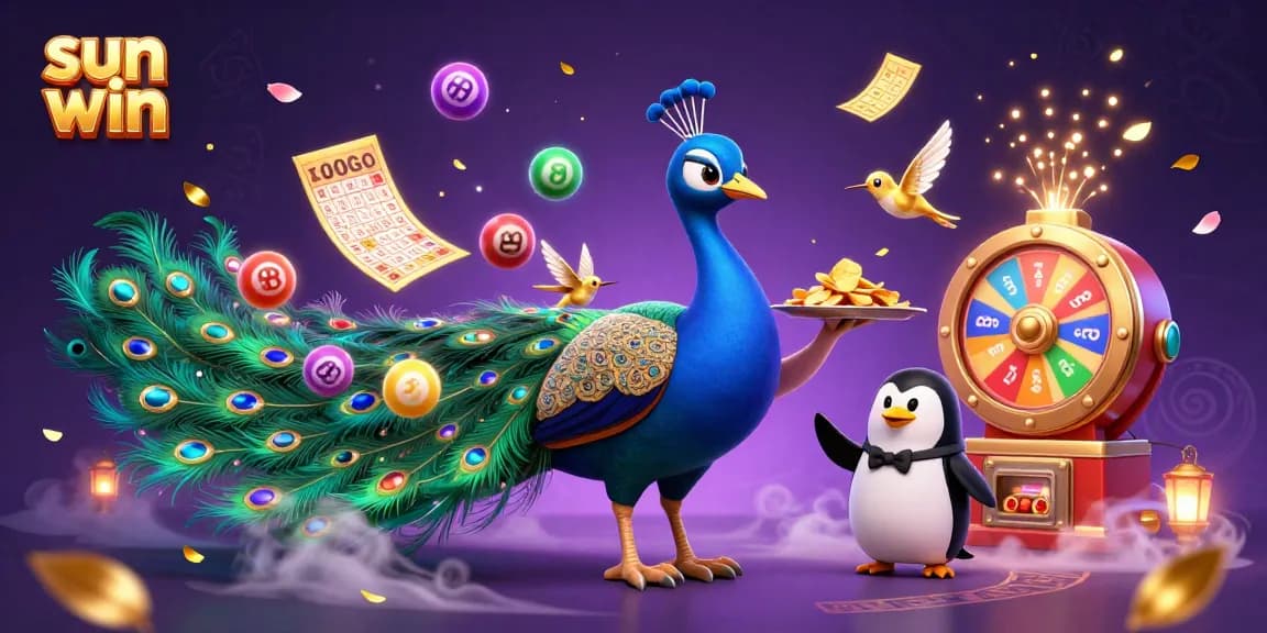 Engage in thrilling games at sun win with colorful lottery elements and a charming peacock centerpiece.