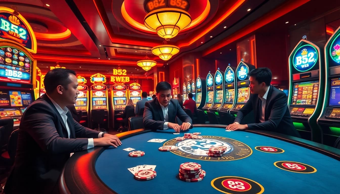 Experience the thrill of B52 WEB gaming at a luxurious casino with poker tables and vibrant slot machines.