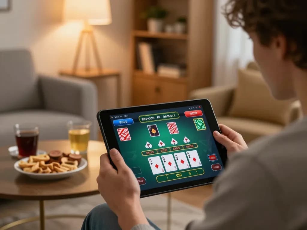 man88a player enjoying live dealer blackjack game on tablet in cozy setting