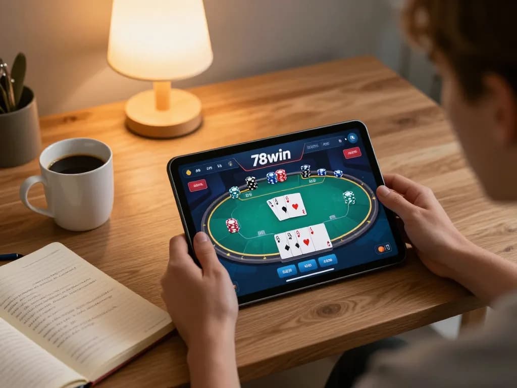 Engaging in a strategic poker game on 78win tablet in a cozy living room.