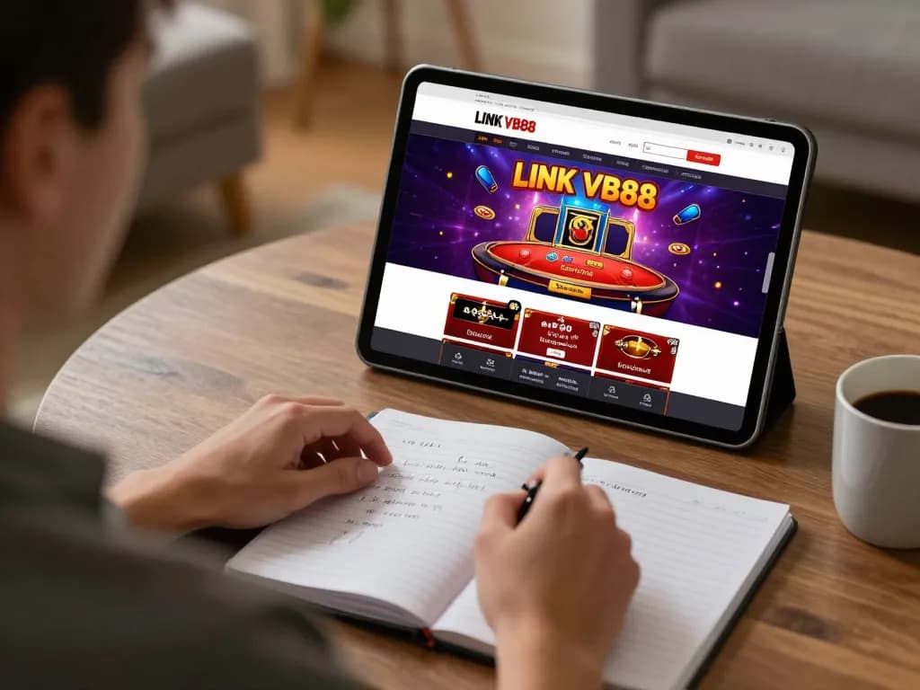 Engaged player exploring LINK VB88 casino games on a tablet in a cozy home setting.