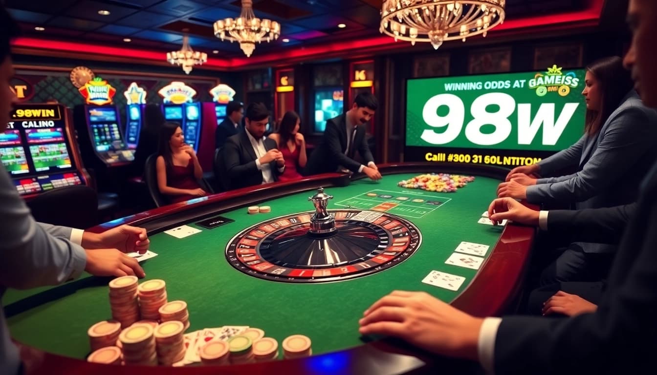 Excited players at a roulette table enjoying their experience at 98win casino.