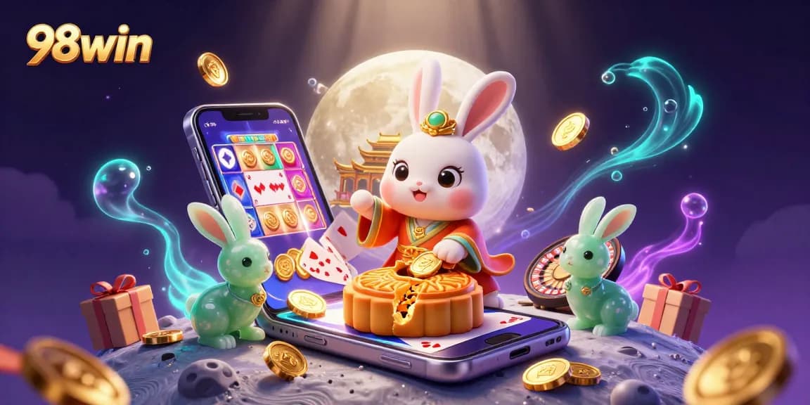 Engage in gaming excitement with 98win as a moon rabbit reveals hidden poker chips amidst vibrant casino elements.