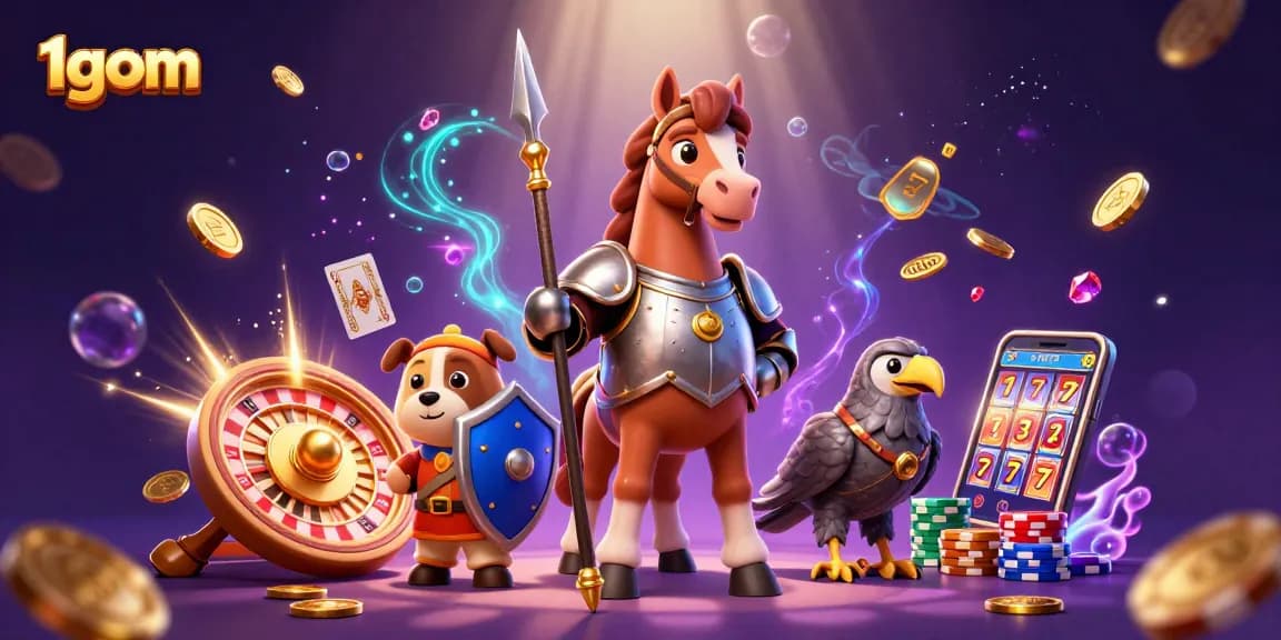 Betting with 1gom: a knight, puppy, and falcon illustrate the thrill of online gambling.